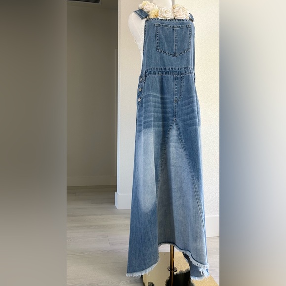 Easel Southern Swag Bohemian Denim Jean Overalls Handkerchief Dress Womens L - Picture 2 of 12